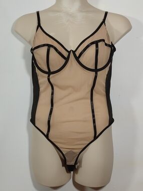 My Boo Sheer Nude and Black Trim Mesh Bodysuit 2XL